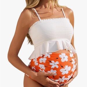 White Ruffle Smocked Maternity Bikini Top with Orange Floral Bottom